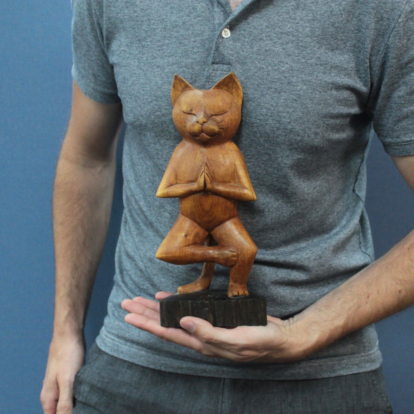 Handcarved Yoga Cat - One Leg