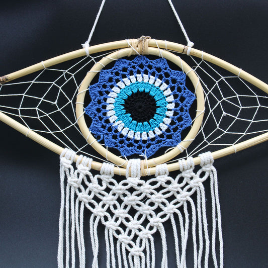 Protection Dream Cather - Med Macrame Evil Eye Blue/White/Black