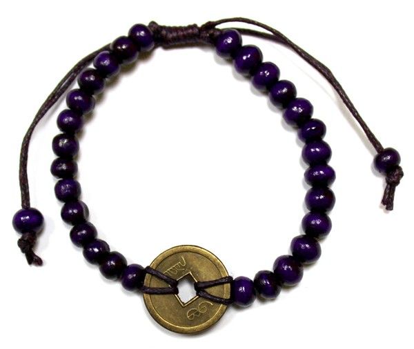 Bracelet Feng Shui Bonne Chance Violet | Perles Bois & Monnaie de Fortune Bali