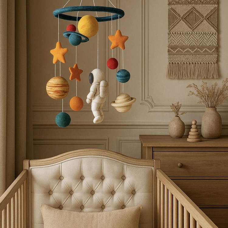 Chambre d’enfant élégante et chaleureuse avec un mobile spatial suspendu au-dessus d’un lit en bois clair capitonné. Le mobile, composé de planètes colorées, d’étoiles et d’un astronaute en feutrine, contraste avec les tons beiges et dorés de la pièce.