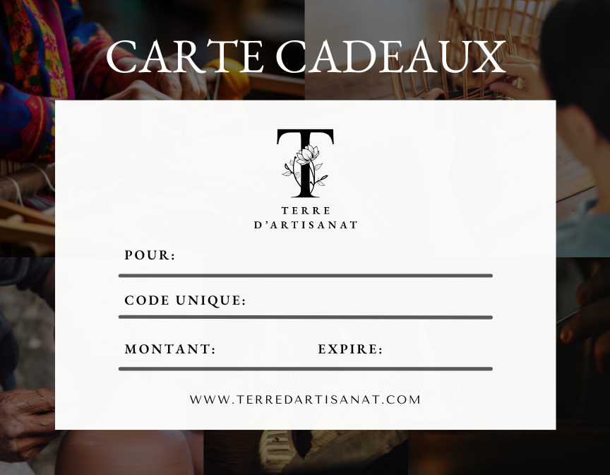 Offrez à vos proches la possibilité de choisir une pièce artisanale qui apportera une touche d'élégance et de chaleur à leur intérieur. Notre carte cadeau permet de découvrir nos créations exclusives, faites main avec soin, alliant beauté naturelle et savoir-faire exceptionnel. Un cadeau intemporel, parfait pour toute occasion. ( cadeau de mariage, cadeau de fiançailles, cadeau crémaillère, cadeau de naissance, cadeau anniversaire, cadeau de retraite, cadeau saint valentin, cadeau fête des pères)